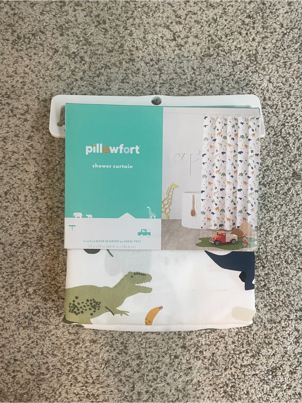 Pillowfort Dinosaur Shower Curtain in White with Green and Navy Accents